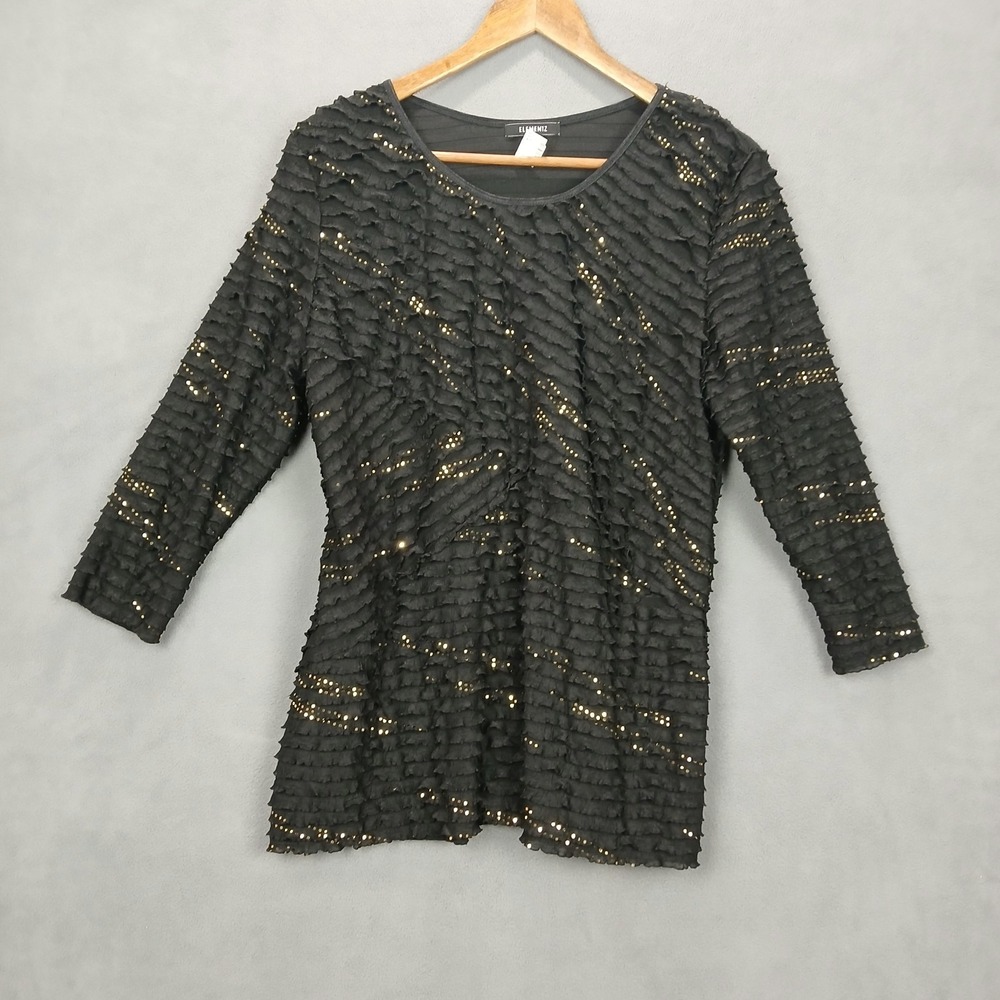 Elementz Blouse Womens Large‎ Black Stretch Scattered Sequin Scoop Neck